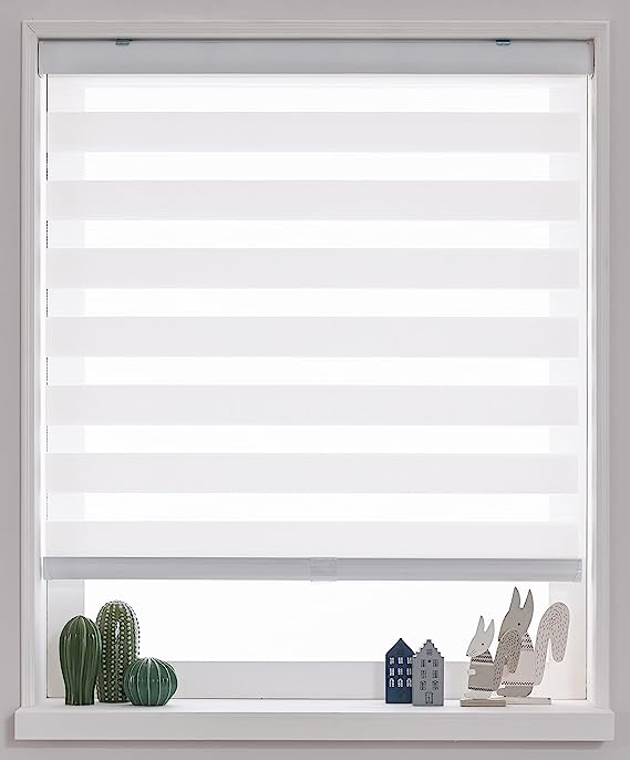 FOIRESOFT Cordless Custom Zebra Roller Shades and Blinds [Cordless Basic, White, W 34 x H 48 inch] Dual Layer Sheer or Privacy Light Control, Day and Night Window Drapes, 24 to 70 inch Wide