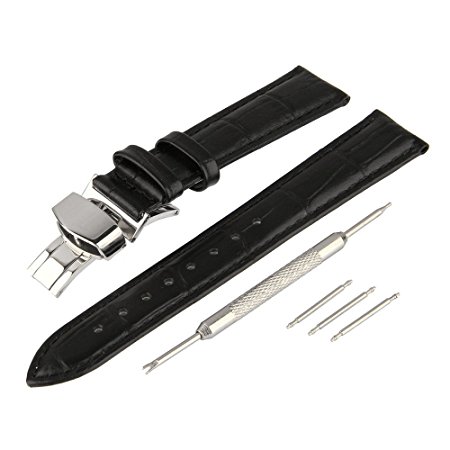 Beauty7 Black 23mm Genuine Leather Calfskin Watch Band Strap Replacement Deployant Deployment Clasp