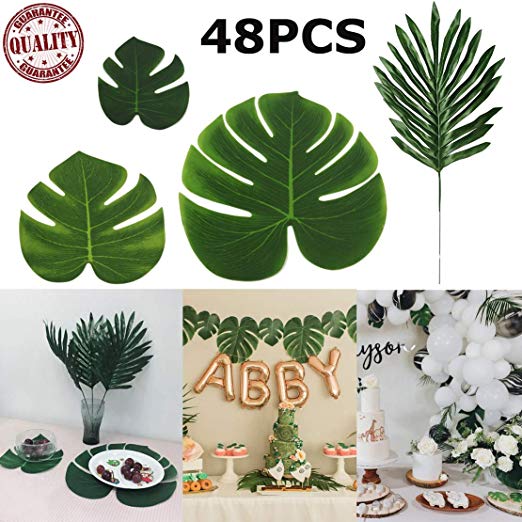 STSTECH Artificial Palm Leaves Monstera Faux Tree Fronds Simulation Leaf for Luau Hawaiian Moana Tropical Themed Party Decoration Birthday Table Gift Decorations,48PCS(4Kinds)