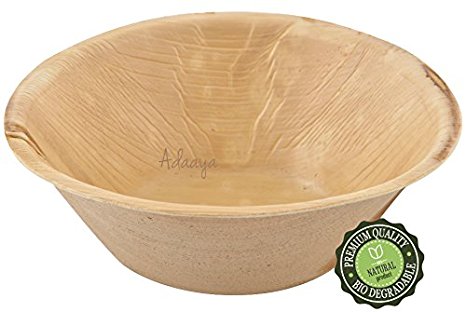Adaaya Palm Leaf Round Soup Bowls- Natural & 100% Compostable - Best Disposable Party wares (6'' Soup Bowl & Spoon - 50 Pcs, Peach to tan)