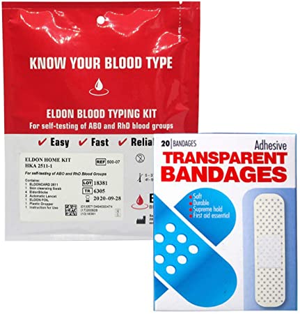 Eldoncard Blood Type Test (Complete Kit) - Air Sealed Envelope, Safety Lancet, Micropipette, Cleansing Swab. Transparent Bandages KIT.