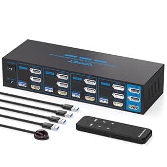 8K HDMI   2 Displayport KVM Switch 3 Monitors 4 Computers 4K144Hz USB 3.0 KVM Switches Triple Monitor for 4 Computer Share 3 Monitor and 4 USB 3.0 Ports Support Extended/Copy Mode