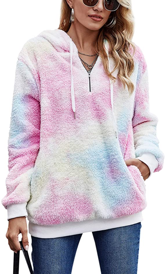 Romanstii Teddy Fleece Sweatshirts,Womens Casual Double Fuzzy Fluffy Hoodie & Solid Color Warm Stylish 1/4 Zip Pullover with Pockets