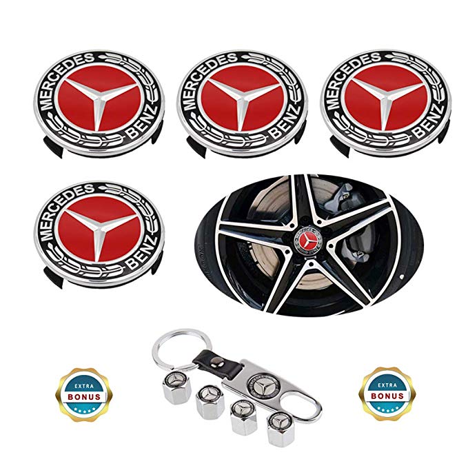 Fast & Furious 4PCS 75mm Car Wheel Center Hub Caps for Mercedes Benz, 4PCS Car Tire Valve Air Caps and 1PC Key Chain Fit for Mercedes-Benz Vehicle (Red)