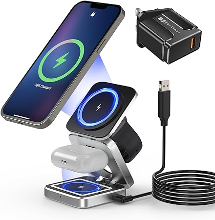 Foldable Charger for Apple Magnetic Travel Charger, 3 in 1 Foldable Wireless Charger Station for iPhone 15/14/13/12 Pro/Max/Plus/Mini, Multi Charger Station for Apple Watch, Airpods with UK Adapter
