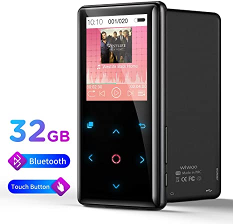 Wiwoo 32GB MP3 Player with Bluetooth, Lossless Music Player with Touch Buttons FM Radio Voice Recoder Video Play, Sports Metal MP3 Player for Running Surpport Up to 128GB
