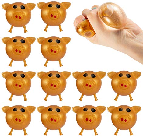 Biubee 12 Pack Antistress Pig Splat Ball Vent Toy- Stress Relief Squeeze Squishy Golden Pig Splat Ball Tricky Toy, Decompression Sticky Stretchy Funny Smash Pig Venting Water Balls for Kids and Adults