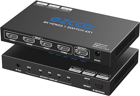 8K 60Hz HDMI 2.1 Switch 4x1 4K 120Hz 48Gbps,HDMI Switcher 4 in 1 Out,4 Port HDMI Selector,HDCP 2.3,Supports ARC,VRR,CEC,IR Remote,3D,HDR 10,Dolby Atmos