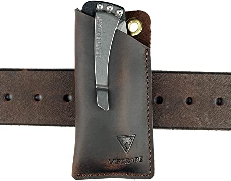 VIPERAED PJ11 Leather EDC Pocket Knife Sheath, Mini Knife/Flashlight/Multitool and Other EDC Gear Leather Holster, Small Leather Utility Knife Sheath for Belt (Brown)