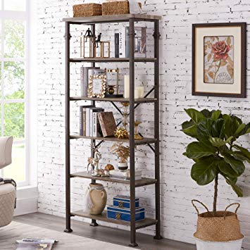 Hombazaar 6-Tier Tall Bookshelf, Vintage Industrial Metal Bookcase Display Rack and Storage Organizer for Living Room, Grey Oak