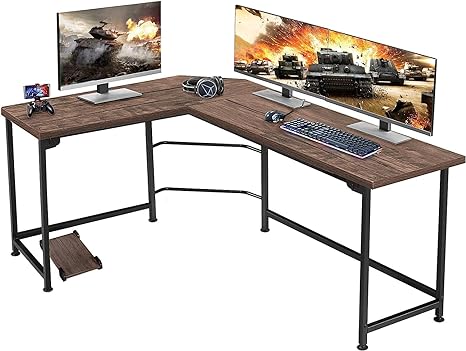 VECELO 66 Inch L-Shaped Computer Desk with CPU Stand/Pc Laptop Study Writing Table for Home Office Workstation Wood & Metal, 66.3X18.9 inch, Classic Coffee