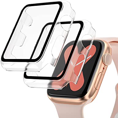 [2 Pack] Hard PC Case for Apple Watch Series 6 Series 5 Series 4 44mm, Buit in 9H Tempered Glass Screen Protector, Full Coverage Cover, Scratch-Resistant Protective Bumper Case for iWatch 44mm-Clear