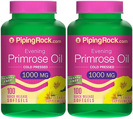 Piping Rock Evening Primrose Oil Cold Pressed 1000 mg 2 Bottles x 100 Quick Release Softgels Hexane Free Dietary Supplement