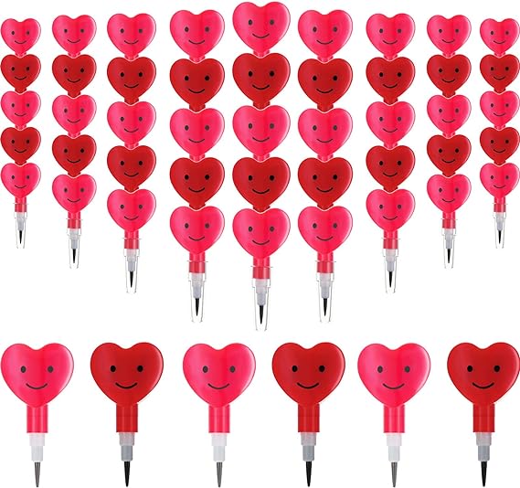 Zonon Valentine Pencils Stackable Heart Pencils Plastic Stacking Heart Pencil Valentine's Day Cute Smile Face Pencil, Home School Stationery Party Favors for Kids (Red and Pink)