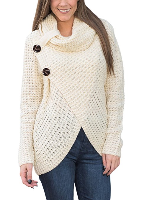 Asvivid Women's Chunky Turtle Cowl Neck Asymmetric Hem Wrap Sweater Coat with Button Details