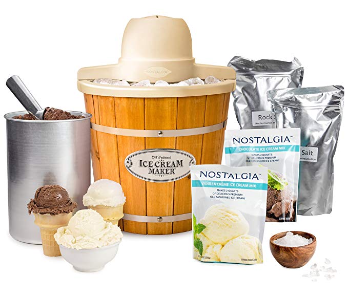 Nostalgia ICMP400WDBUN Wood Bucket Electric Ice Cream Starter Kit, 4 quart, Brown