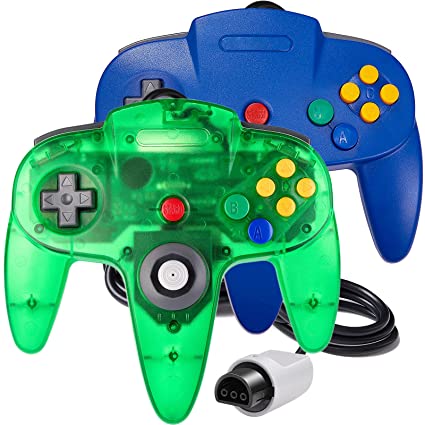 2 Pack 64 Controller, Wired Game pad Joystick [3D Analog Stick] for 64 - Plug & Play (Non PC USB Version) (Blue/Clear Green)