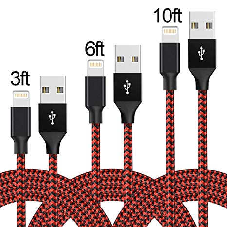 Cable,ONSON Charger Cables 3Pack 3FT 6FT 10FT to USB Syncing and Charging Cable Data Nylon Braided Cord Charger for iPhone 7/7 Plus/6/6 Plus/6s/6s Plus/5/5s/5c/SE and more (Black&Red) …