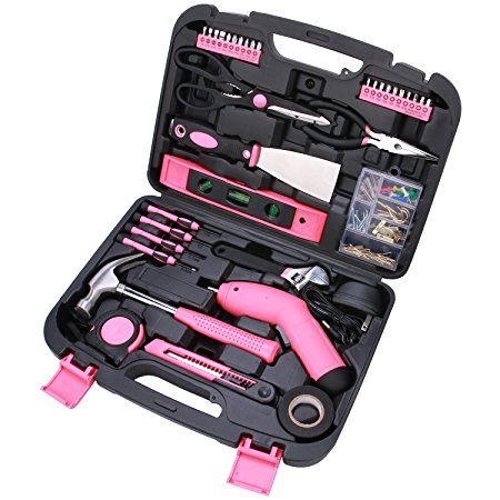 Best Choice 135-Piece Pink Tool Kit with Cordless Screwdriver - All Purpose Household Tool Set in Toolbox Storage Case
