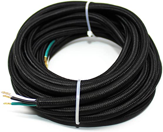 18/3 15Ft Vintage Electrical Wire Lamp Cord Rayon Covered Braided Black 18 AWG 3 Conductor 15 Feet Flexible Fabric Pendant Lighting Power Antique Cable(10A)