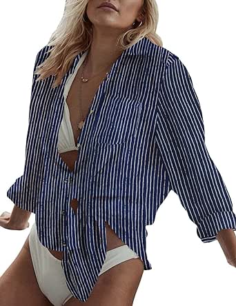 Bsubseach Women Long Sleeve Beach Shirt Blouses Bathing Suit Cover Up Button Down Collar