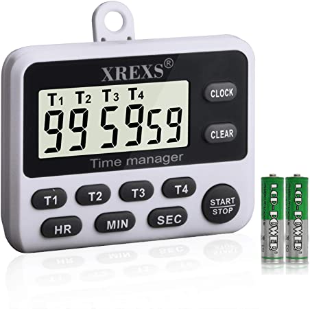 XREXS Digital Kitchen Cooking Timer Clock with Loud Alarm ,Large LCD Display, 4 Groups Simultaneous Timing Countdown Up Pocket Timer, Magnetic Attachable (battery included)