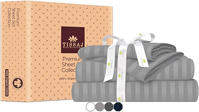Tissaj Queen Size Bed Sheets Set - Stripes Cloud Gray - 100% GOTS Certified Organic Cotton - 300 Thread Count - 4 Piece Bedding - 2 Pillow Cases, Flat Sheet & Fitted Sheet with 16 Inch Deep Pocket