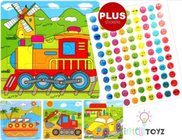 INTELLITOYZ Set of 4: 9 Piece Colorful Wooden Educational Puzzles with BONUS set of stickers. Includes Train, Tractor, Car and Ship