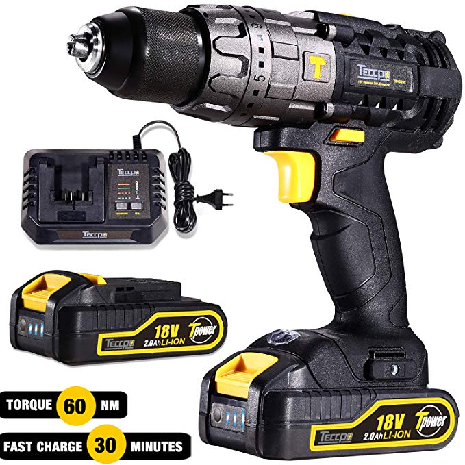 Cordless Drill Driver 18V, TECCPO 60Nm Cordless Drills with 2 Batteries 2.0Ah, 30Min Fast Charger, 2 Speed Drill Driver, 13mm Chuck, 29pcs Free Accessories, Compact Case-TDHD01P