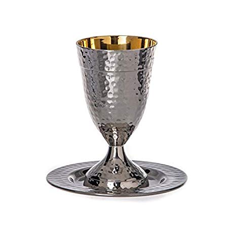 Stainless Steel Kiddush Cup on Base with Tray - Hammered Design