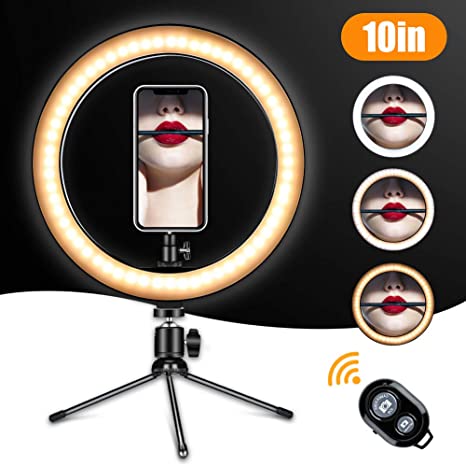 Selfie Ring Light with Tripod Stand & Phone Holder for Live Streaming & YouTube Video, Dimmable Desk Makeup Ring Light for Photography, Shooting with 3 Light Modes & 10 Brightness Level