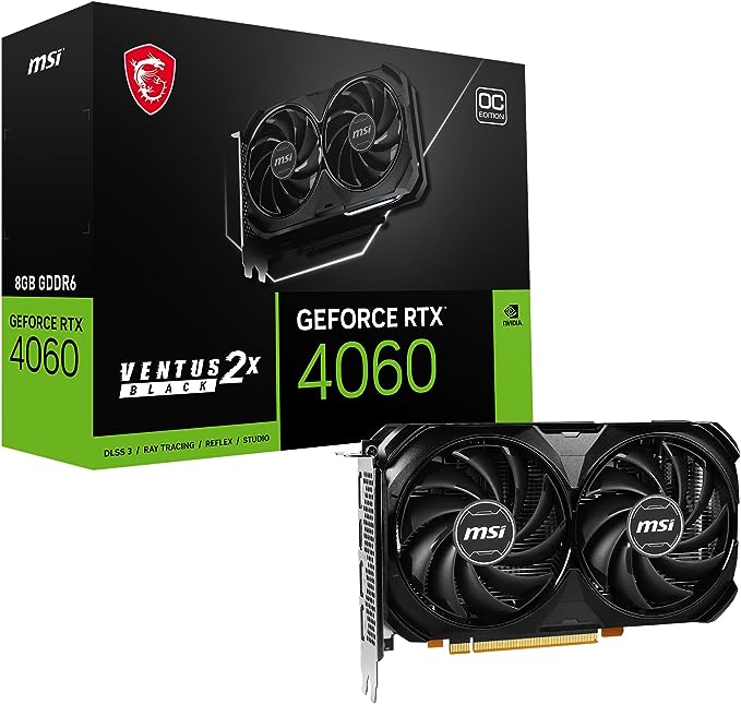 MSI GeForce RTX 4060 VENTUS 2X BLACK 8G OC Gaming Graphics Card - 8GB GDDR6X, PCI Express Gen 4, 128-bit, 3x DP v 1.4a, HDMI 2.1a (Supports 4K & 8K HDR)