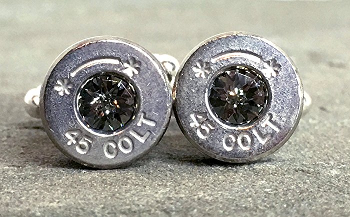 Swarovski Cuff Links Bullet Shell Casing Colt 45 Black Diamond Grey Removed Primers Nickel Plated