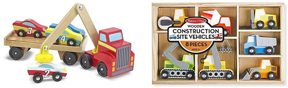 Melissa & Doug Magnetic Car Loader & Wooden Construction Site Vehicles