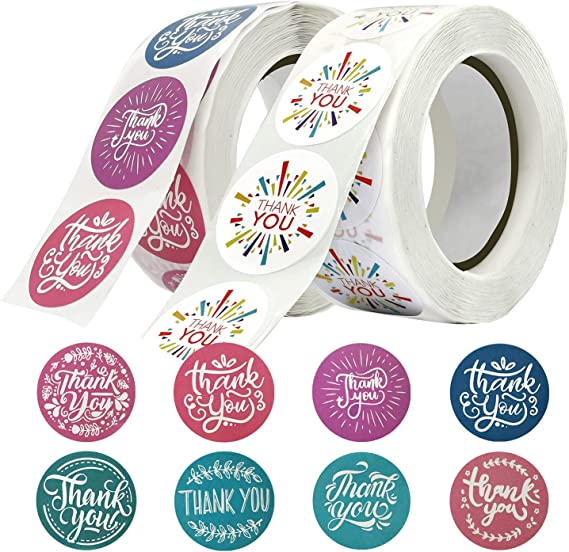 Thank You Stickers, 1000pcs Thank You Sticker Rolls, 2 Roll Thank You Sticker Envelope Seals for Packaging, Envelope Stickers, Thank You Stickers for Small Bussiness