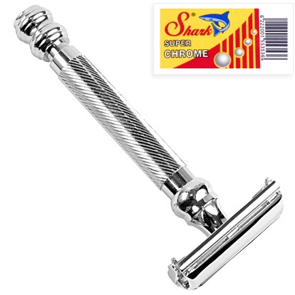Parker 99R - Long Handle SUPER HEAVYWEIGHT Butterfly Open Double Edge Safety Razor and 5 Shark Super Chrome Blades