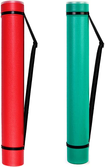 2-Pack Extendable Poster Tubes Expand from 24.5” to 40” with Shoulder Strap | Carry Documents, Blueprints, Drawings and Art | Red and Green Portable Durable Round Storage Cases with Lids and Labels
