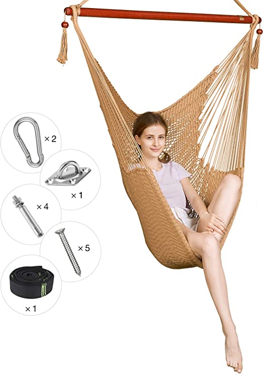 Greenstell Hammock Hanging Chair with Hanging Kits and 150cm Strap,Large Caribbean Swing Chair Comfortable Durable,100% Soft-Spun Polyester,for Indoor,Outdoor,Home,Patio,Yard,Garden 40 Inch (Tan)
