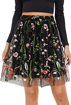 Milumia Women Elegant Floral Embroidery Mesh High Waist A Line Flared Party Short Skirt