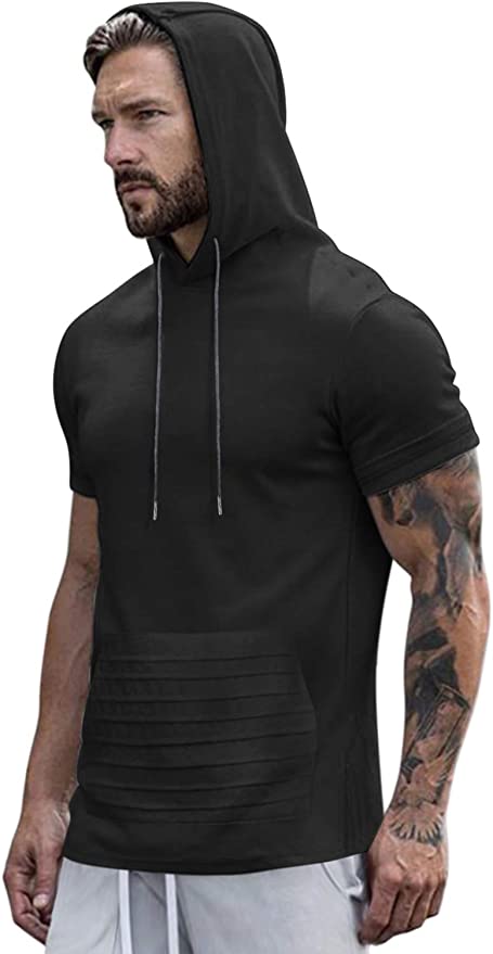 COOFANDY Mens Hoodie T-Shirt Workout Pullover Shirt Short Sleeve Pocket Gym Hooded Top Bodybuilding Fitness Casual Tee