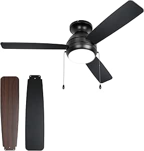 hykolity 44 inch Flush Mount Ceiling Fan with LED Lights(3000K/4000K/6000K) Pull Chain, Noiseless Reversible Motor, Low Profile Ceiling Fan, 3 Speed, ETL Listed, Black