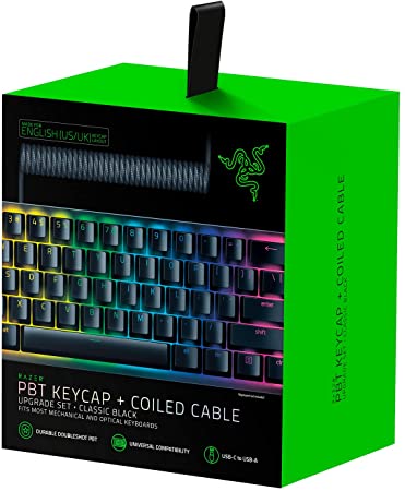 Razer PBT Keycap   Coiled Cable Upgrade Set: Durable Doubleshot PBT - Universal Compatibility - Keycap Removal Tool & Stabilizers - Tactically Coiled & Designed - Braided Fiber Cable - Classic Black