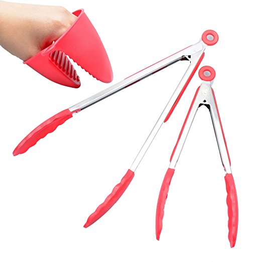 Kitchen Tongs Barbecue Tongs, Stainless Steel with Silicone Head, Set of 2 - 9 Inch & 12 Inch, Non - Stick Heat Resistant Cooking Tools for BBQ, Salad Mixing, Grilling, Frying and Baking (RED)