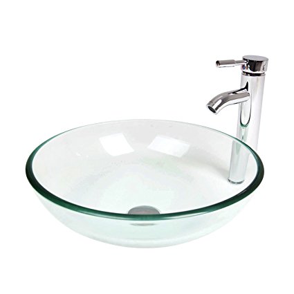 Elecwish,Bathroom Tempered Glass Clear Bowl, Vessel Sink, Countertop Round Basin, Chrome Faucet, 1/2" Pop up Drain