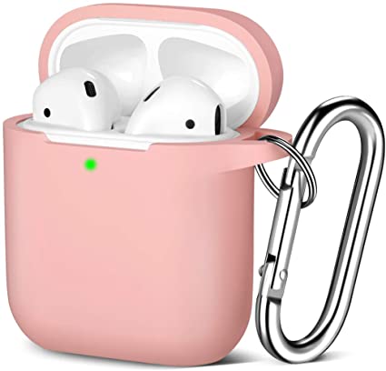 Maledan Compatible with Airpods Case 2 & 1, Silicone Shockproof Protective Airpod Skin Cover, Waterproof [Front LED Visible] Support Wireless Charging with Carabiner, LightPink