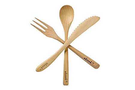 Wooden Flatware，AKcook Natural Wooden Utensil Sets(12 Piece Set), Wood Cutlery Sets, Eco-Friendly Wooden Serving Utensils 4 Spoons 4 Forks 4 Knives