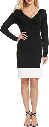 ACEVOG Women's Deep V Neck Long Sleeve Faux A Line Wrap Dress