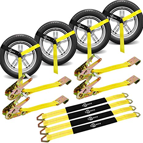 Trekassy Wheel Net Car Tie Down Straps Heavy Duty 4 Pack for Trailers with 4 Axle Straps and 4 Ratchet with Flat Hooks