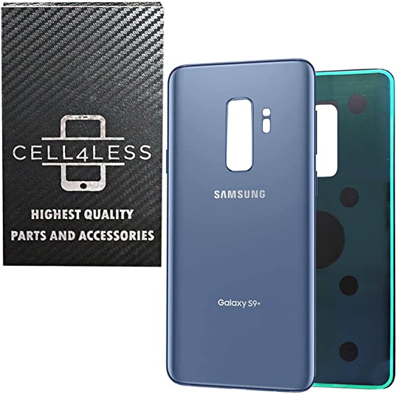 CELL4LESS Compatible Back Glass Cover Back Battery Door w/Pre-Installed Adhesive Replacement for Samsung Galaxy S9 Plus OEM - All Models G965 All Carriers- 2 Logo - OEM Replacement (Blue)