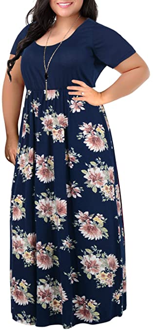 Nemidor Women's Chevron Print Summer Short Sleeve Plus Size Casual Maxi Dress